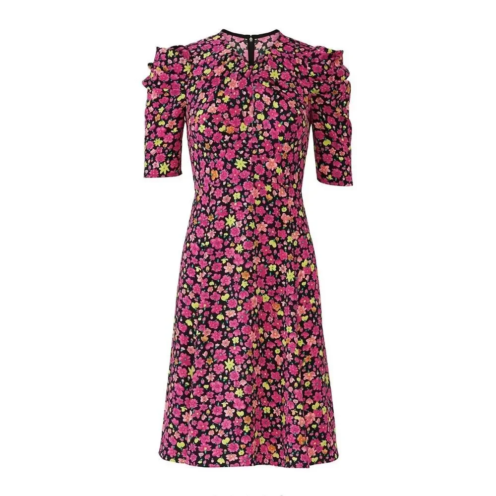 Kate Spade NY Marker Floral A Line Dress Size 0 New Pink Crepe Colorful Bright